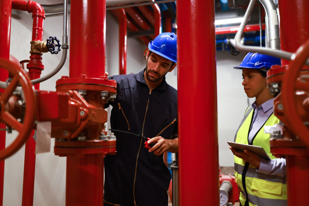 FCS inspector checking a building fire-protection system